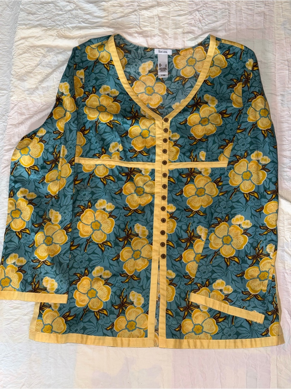 Vintage Liz & Co. Vintage Boho Floral Blouse Teal & Yellow Button-Up V-Neck L